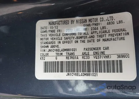 2013 Infiniti G37X из США, поврежденный, VIN JN1CV6EL4DM981021